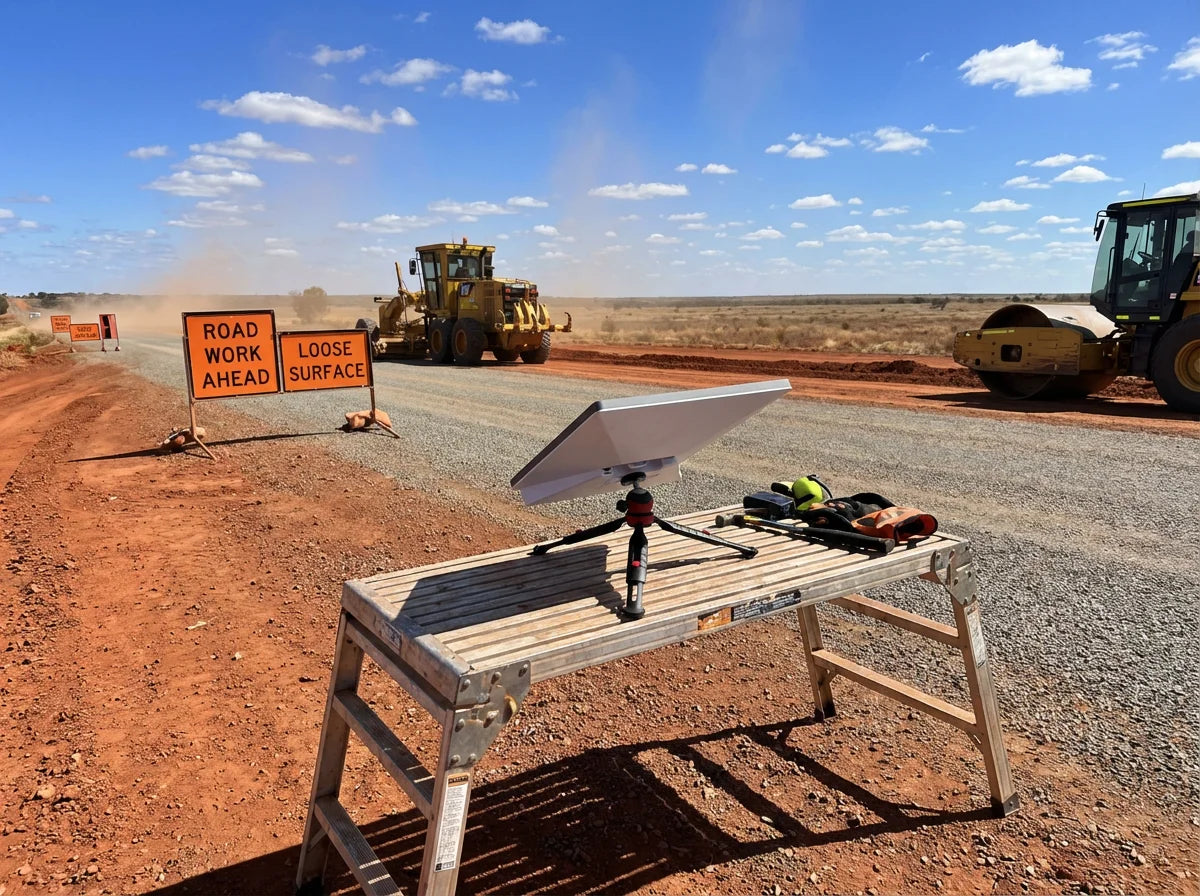 Starlink Mini with PeakDo battery on tripod at Australian outback road works site with grader and roller