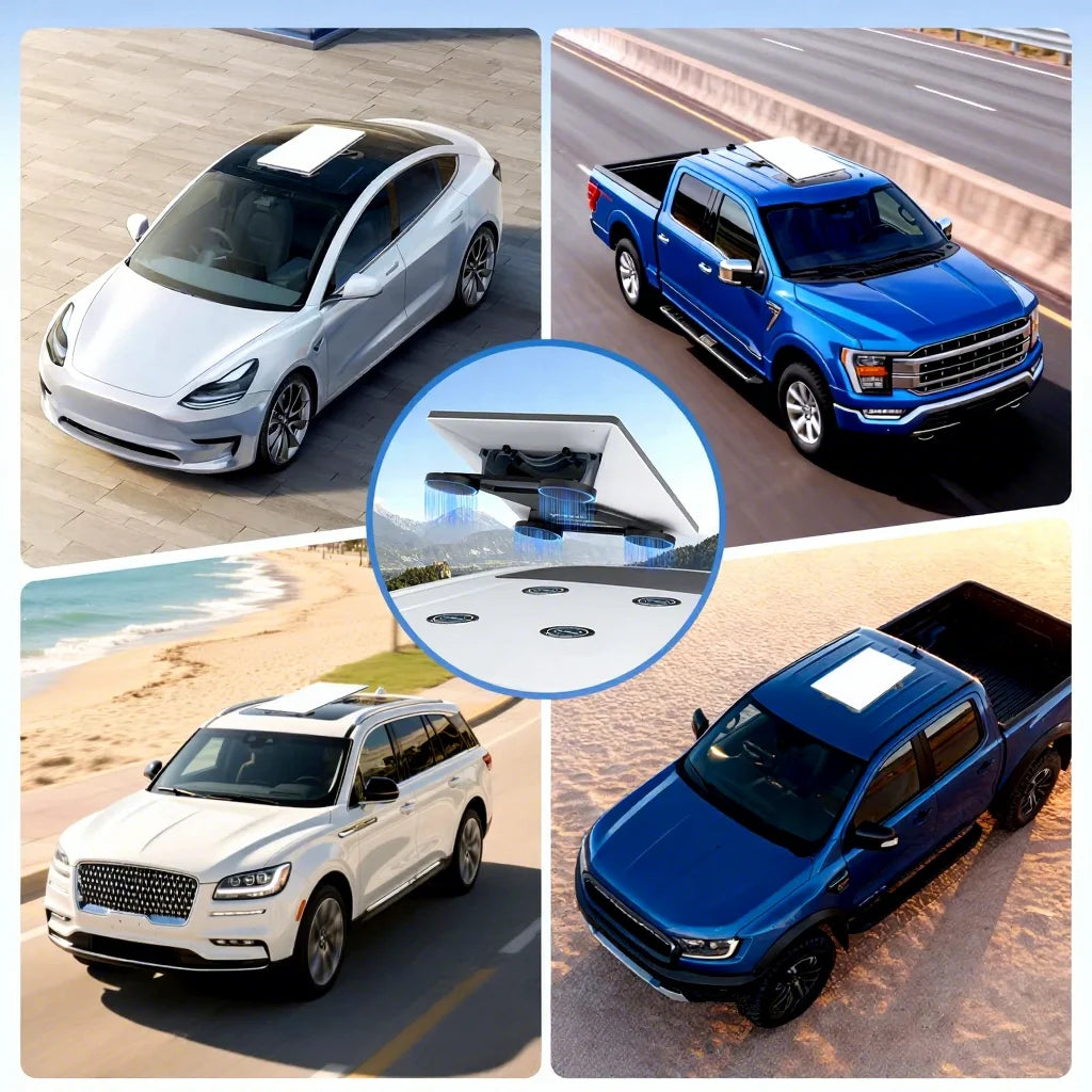 Starlink adhesive metal disc pads mounted on vehicle roofs - car, truck and SUV lifestyle collage