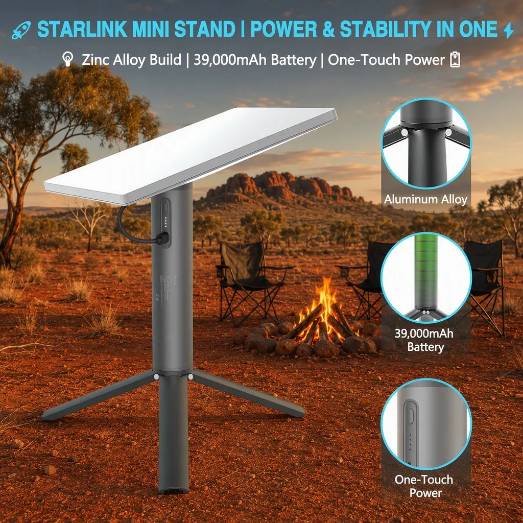 Starlink Mini battery stand on red Australian outback soil with campfire at golden hour