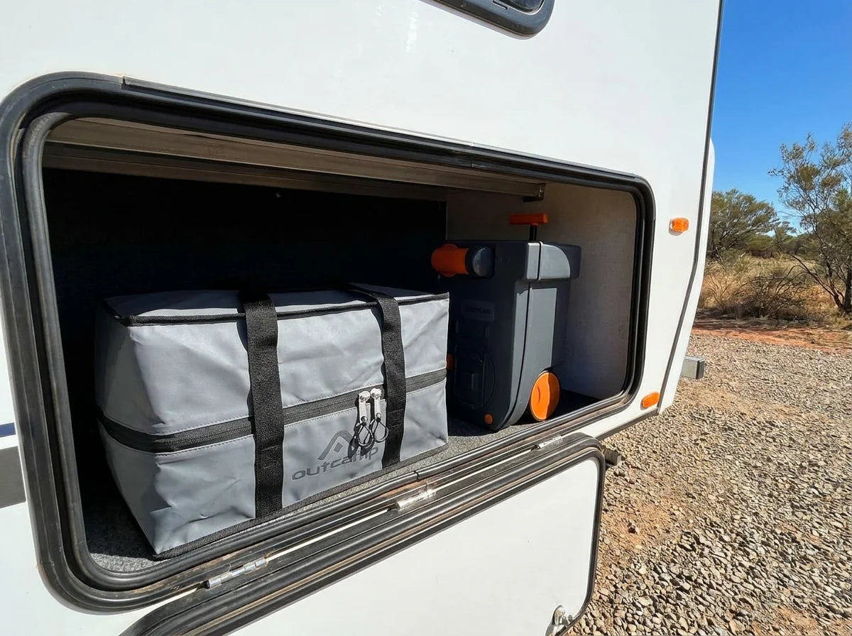 Outcamp Thetford SC250 carry bag stored in caravan storage bay with waste tank