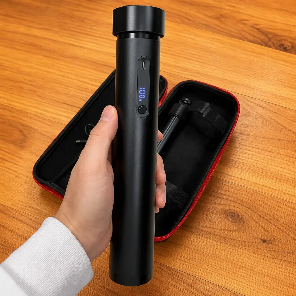Starlink Mini battery mount power handle held with storage case on wooden bench