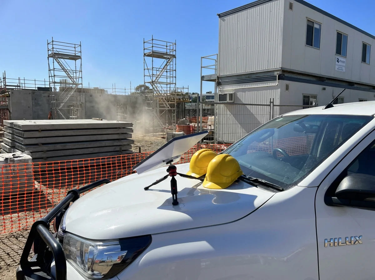 Starlink Mini with PeakDo battery on tripod on ute bonnet at Australian construction site with scaffolding