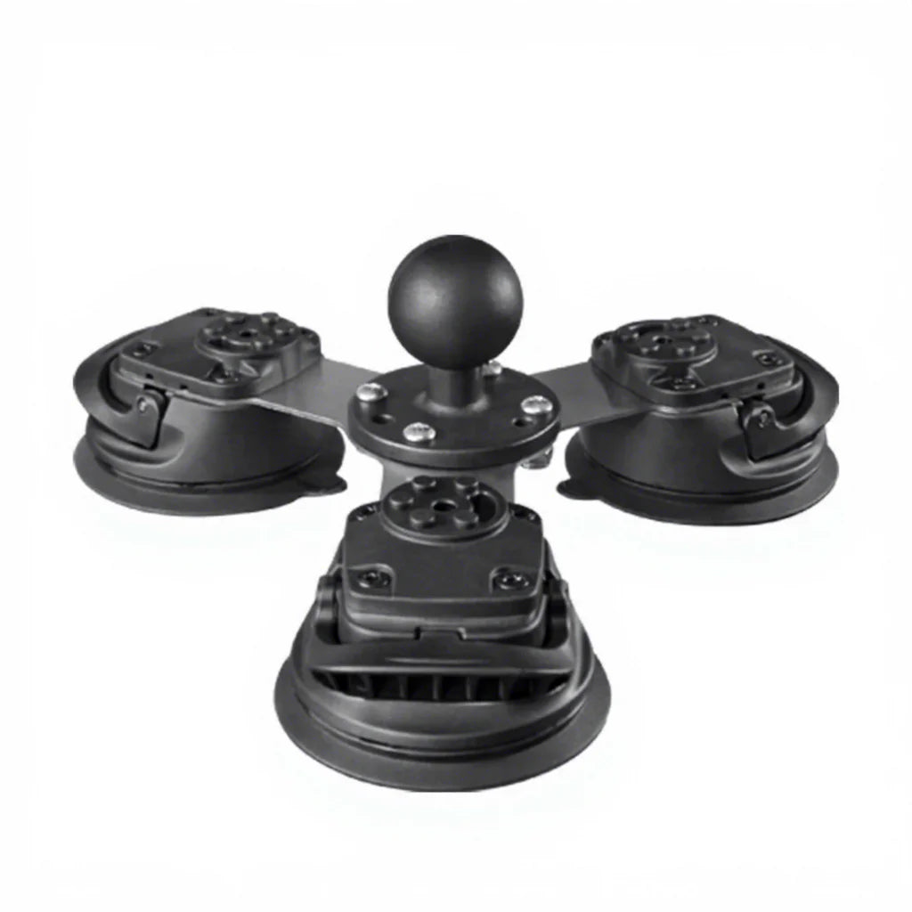 Triple suction cup mount base with central 1.5 inch ball joint, three industrial vacuum cups arranged around a stainless steel triangular plate, front view on white background