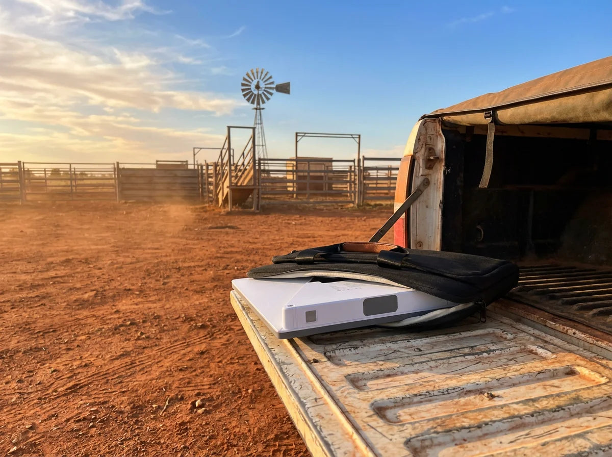 PeakDo LinkPower 2 with Starlink Mini in soft carry bag on ute tailgate at Australian outback cattle station with windmill