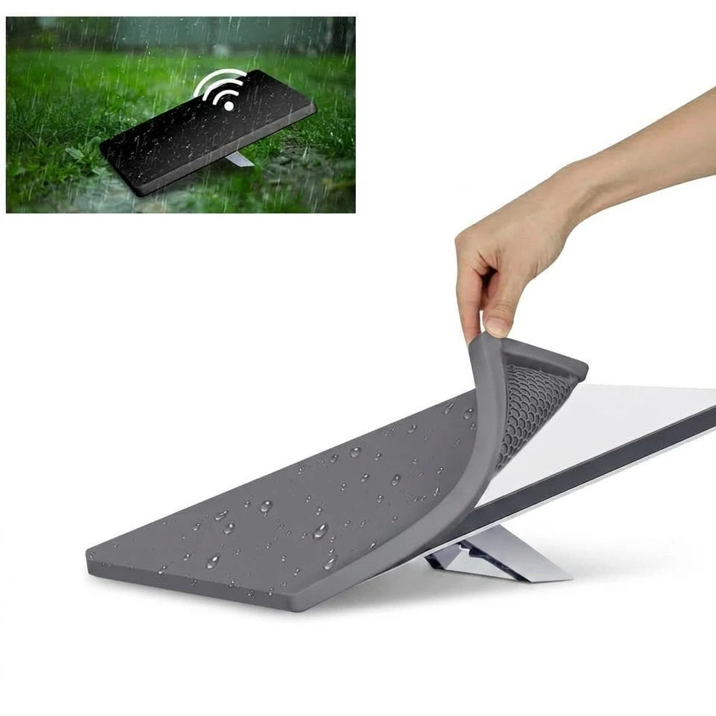 Grey silicone protective case for Starlink Mini being flexed by hand to demonstrate stretch, water beads on surface