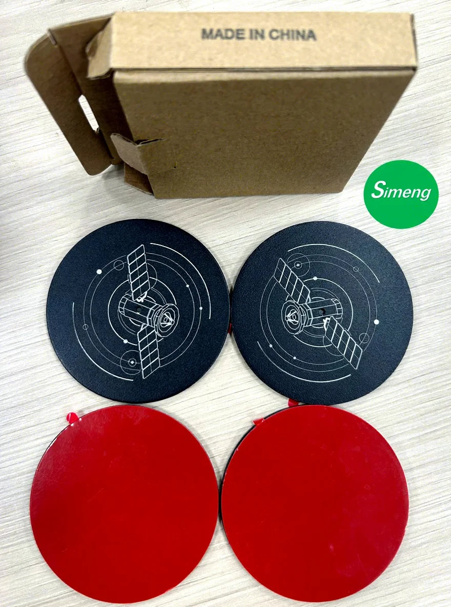 Adhesive metal disc pads for Starlink Gen 3 and Mini - 4 pack showing disc face and red adhesive backing with box
