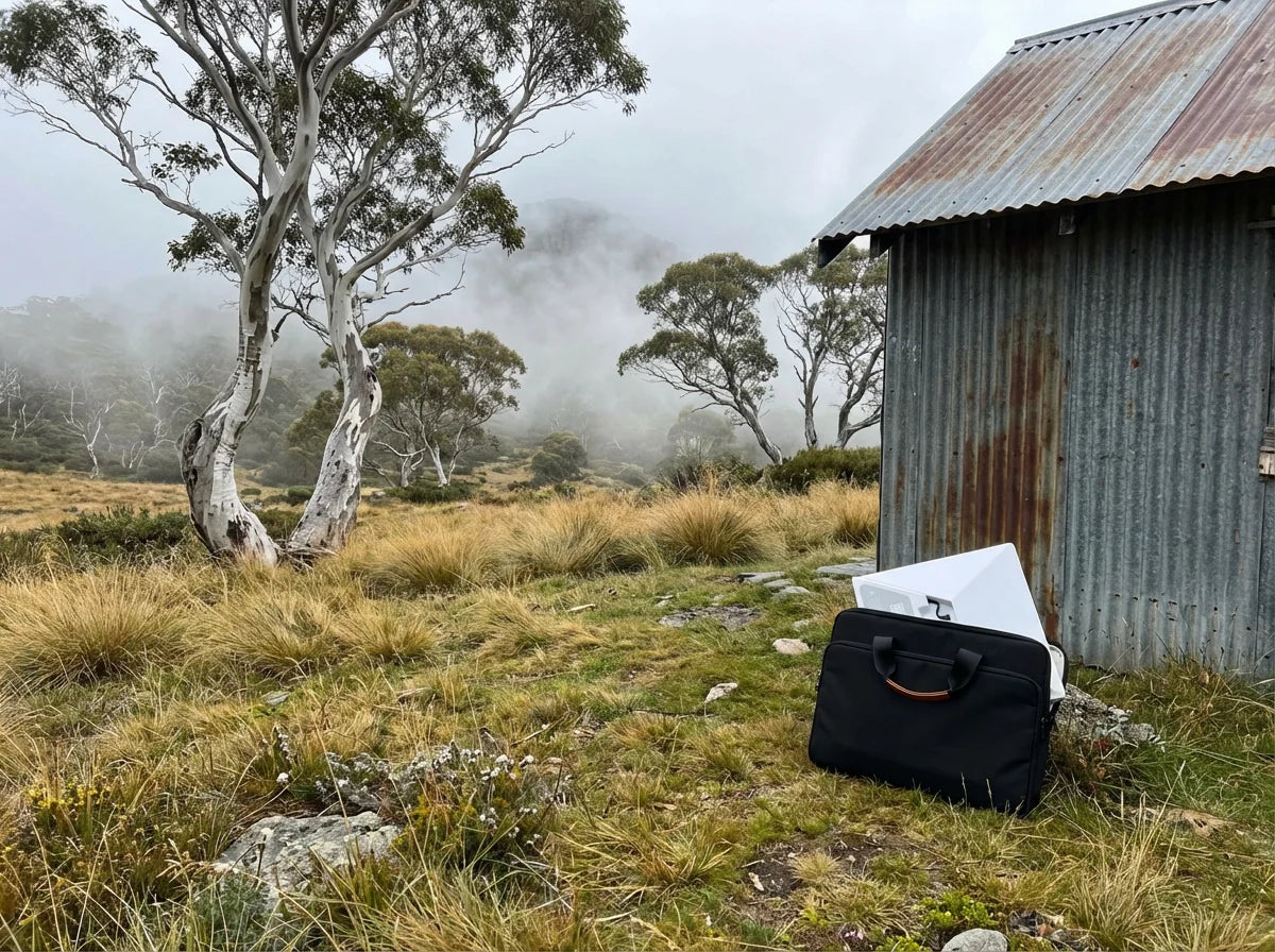PeakDo LinkPower 2 with Starlink Mini in soft carry bag beside bush hut in Australian alpine high plains with snow gums