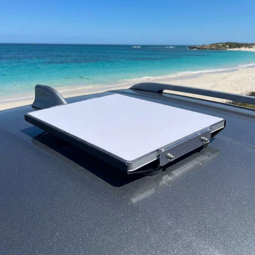 Starlink Mini alloy magnetic mount lifestyle shot mounted on 4x4 in Australian outback