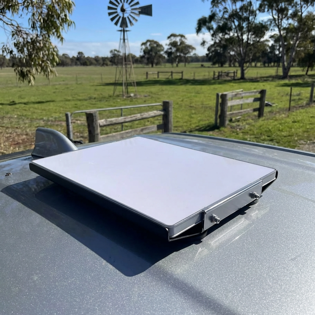 Alloy magnetic mount with Starlink Mini dish mounted on vehicle roof in the bush