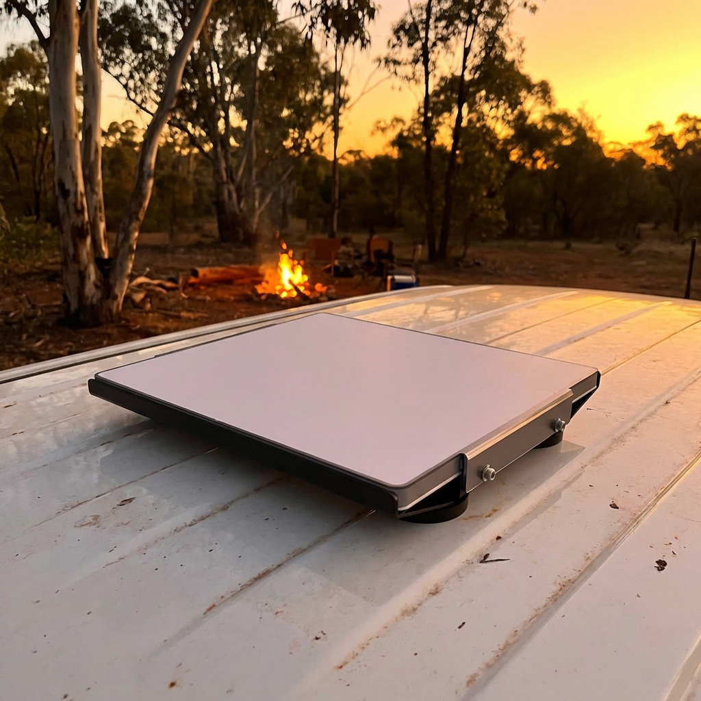 Outcamp alloy magnetic mount with Starlink Mini on caravan roof overlooking bush campsite