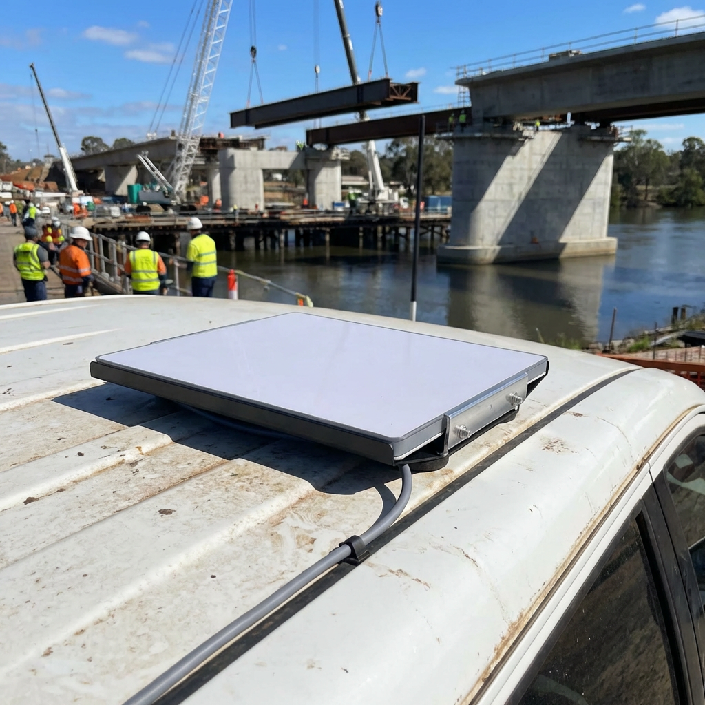 Starlink Mini magnetic mount on vehicle roof with polycarbonate cover and carry handle