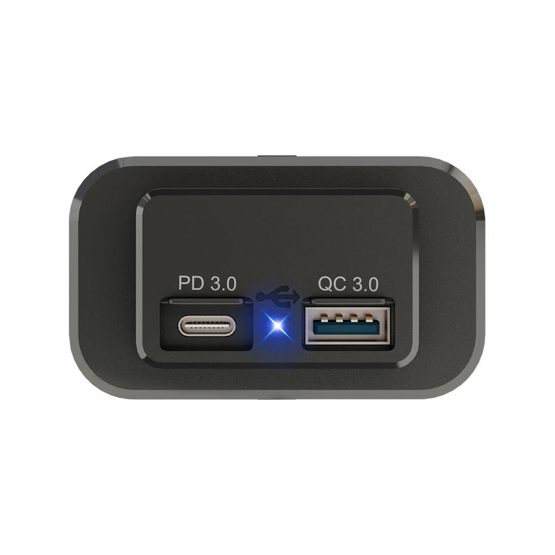 Dual port 48W panel mount USB charger socket showing PD3.0 and QC3.0 fast charge protocols