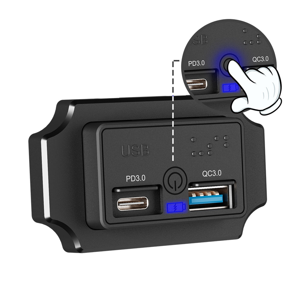 Outcamp 12V 24V dual USB charger socket with touch switch and braille markings - front view