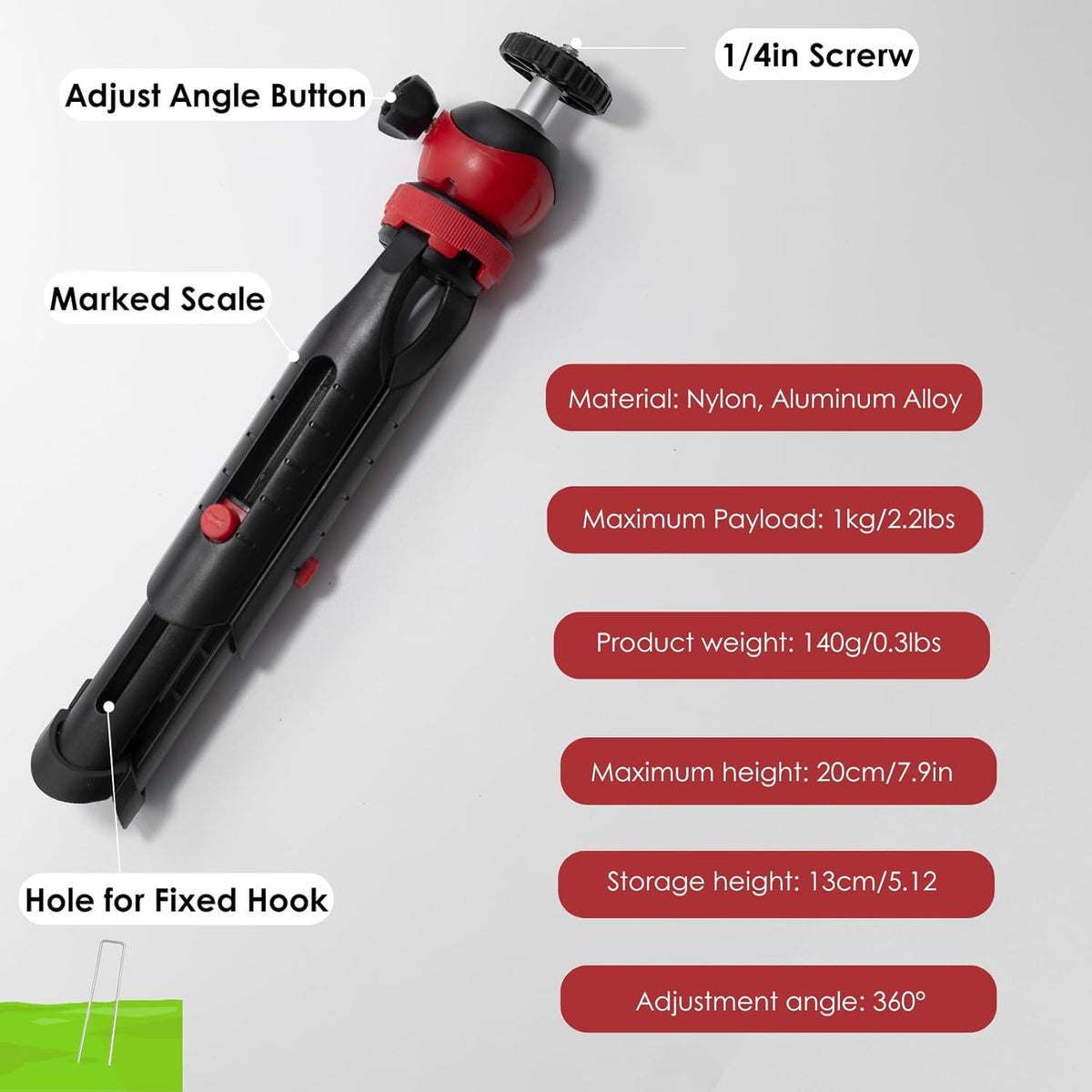 Tripod specs diagram - adjust angle button, marked scale, hole for fixed hook, max height 20cm, 360 degree ball head, nylon and aluminium