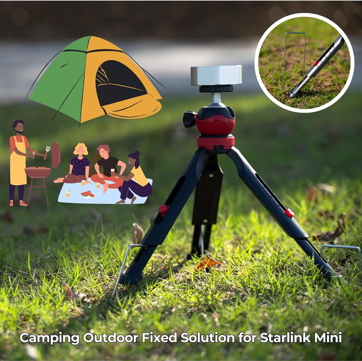 Starlink Mini tripod outdoor camping lifestyle - ground stake anchored on grass with tent and camp scene