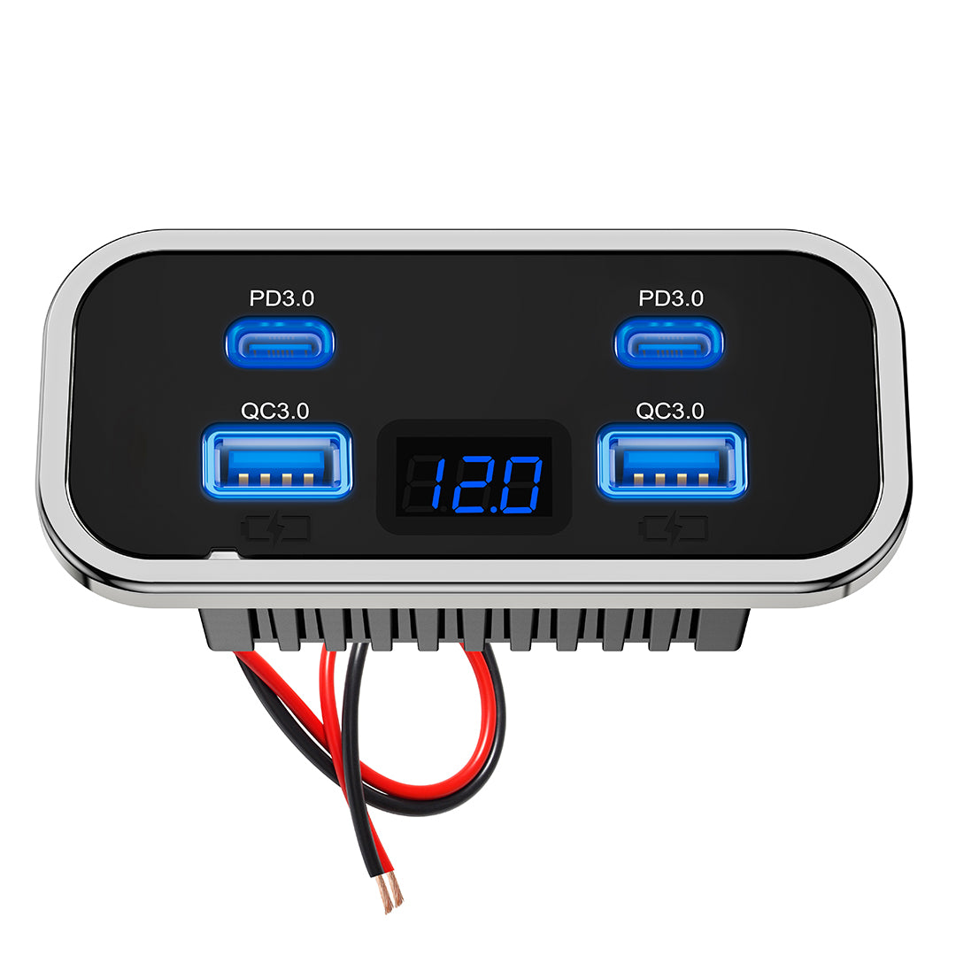 4-port USB charger socket charging four devices simultaneously in caravan