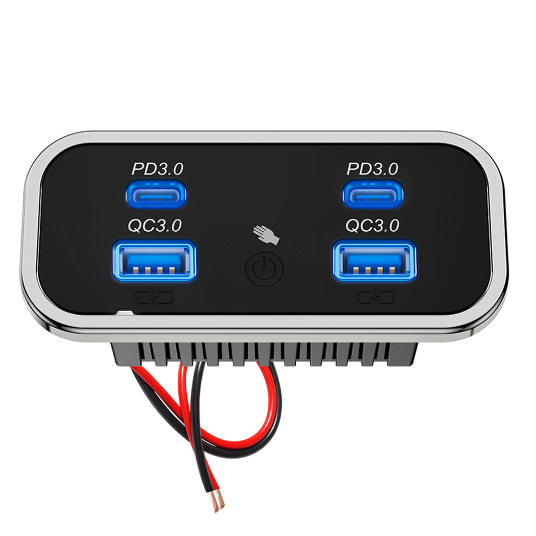 Outcamp 12V 24V 4-port USB charger socket with two USB-C PD and two USB-A QC3.0 ports - front view