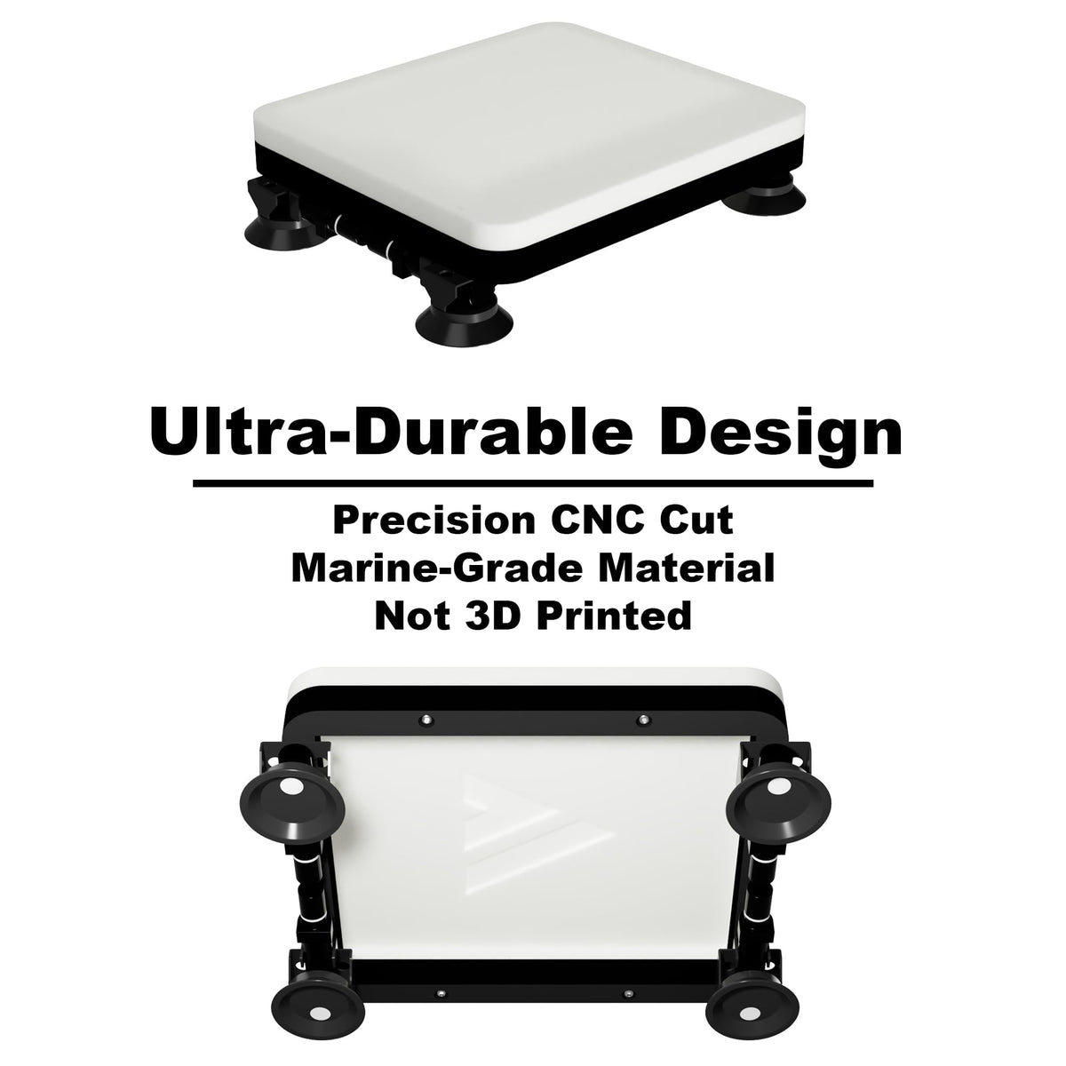 Ultra-durable design feature graphic showing precision CNC-cut marine-grade HDPE construction, not 3D printed