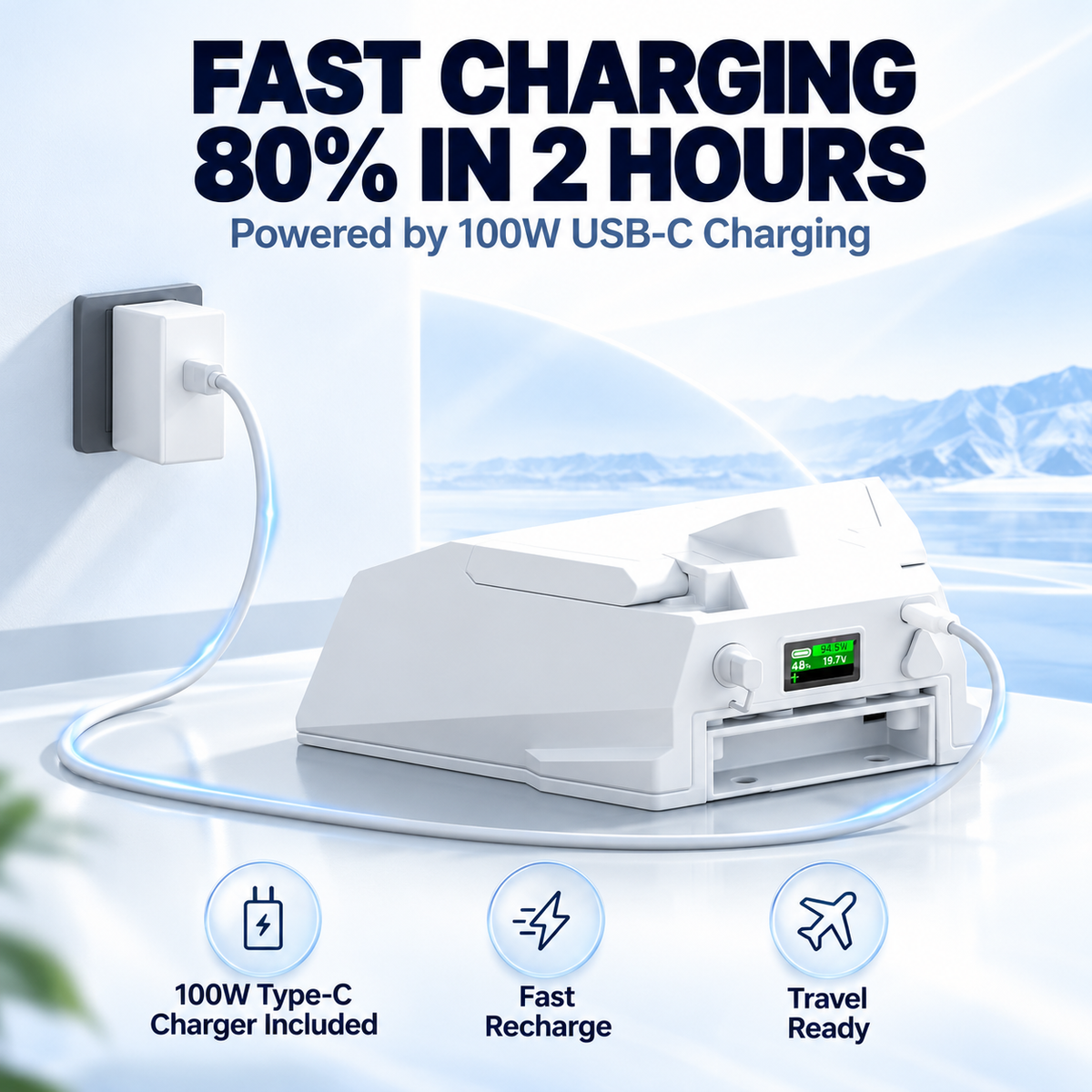 Starlink Mini power bank recharging from a 100W USB-C wall charger, reaching 80 percent in about two hours