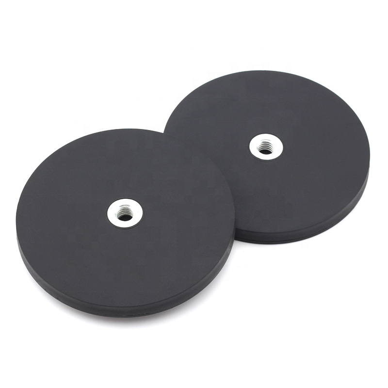 Outcamp rubber coated neodymium magnets in 66mm and 88mm with stainless M8 thread inserts, on a white background