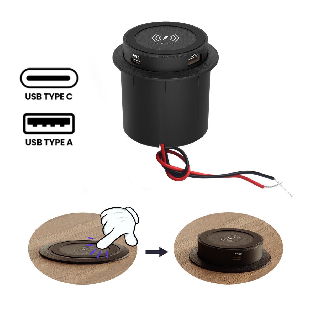 Round 3-in-1 wireless charging puck embedded in vehicle armrest with phone charging
