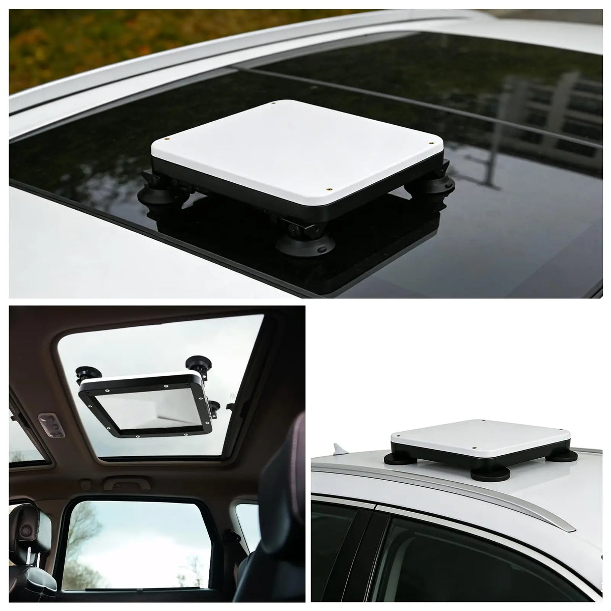 Sunroof and interior installation detail showing the Starlink Mini 3-in-1 mount with suction cups gripping car glass from inside the cabin