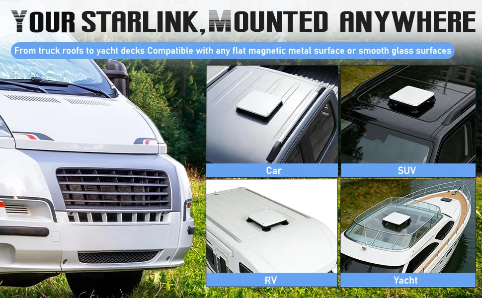 Compatibility montage showing the Starlink Mini 3-in-1 mount installed on car, SUV, RV and yacht