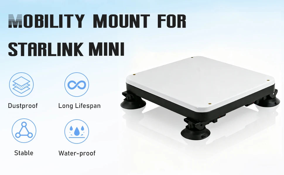 Mobility mount feature graphic for Starlink Mini highlighting dustproof, long lifespan, stable, and waterproof properties