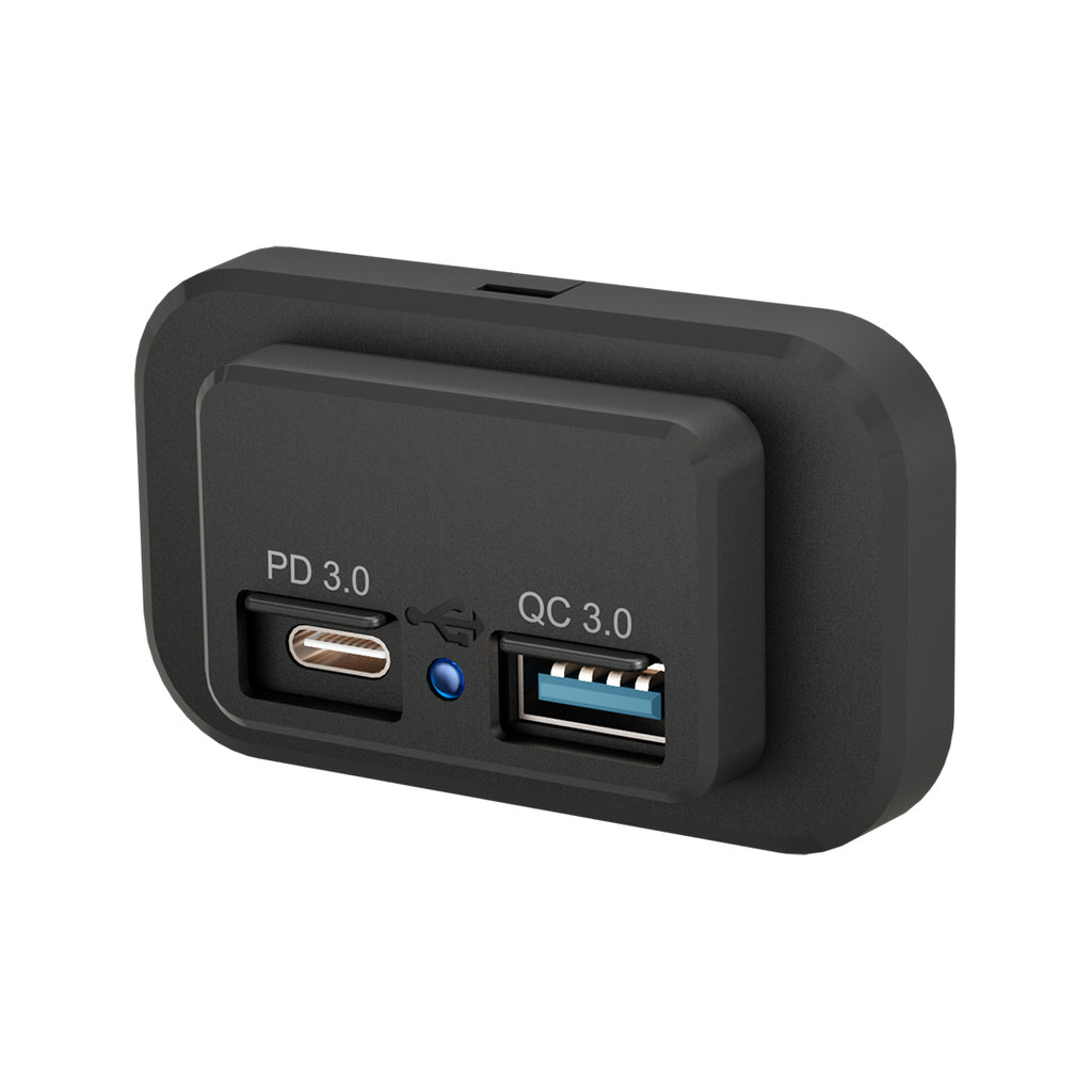 Outcamp 12V 24V dual USB charger socket with USB-C PD and USB-A QC3.0 ports - front view