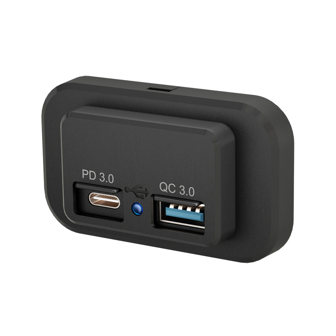 Outcamp 12V 24V dual USB charger socket with USB-C PD and USB-A QC3.0 ports - front view