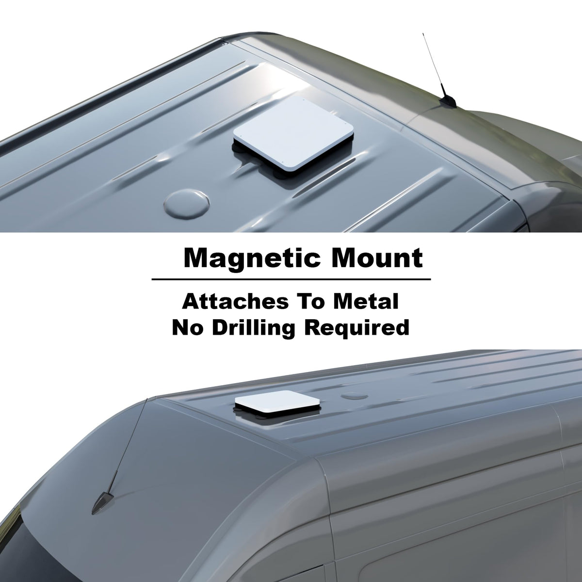 Magnetic mount mode shown attached to van roof with no drilling required, demonstrating the no-paint-damage rubber-coated magnet system