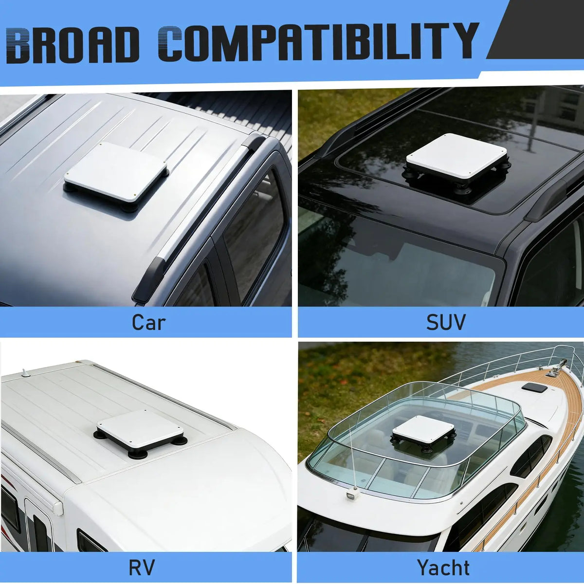 Broad compatibility grid showing the Starlink Mini 3-in-1 mount installed on car roof, SUV roof, RV roof and boat