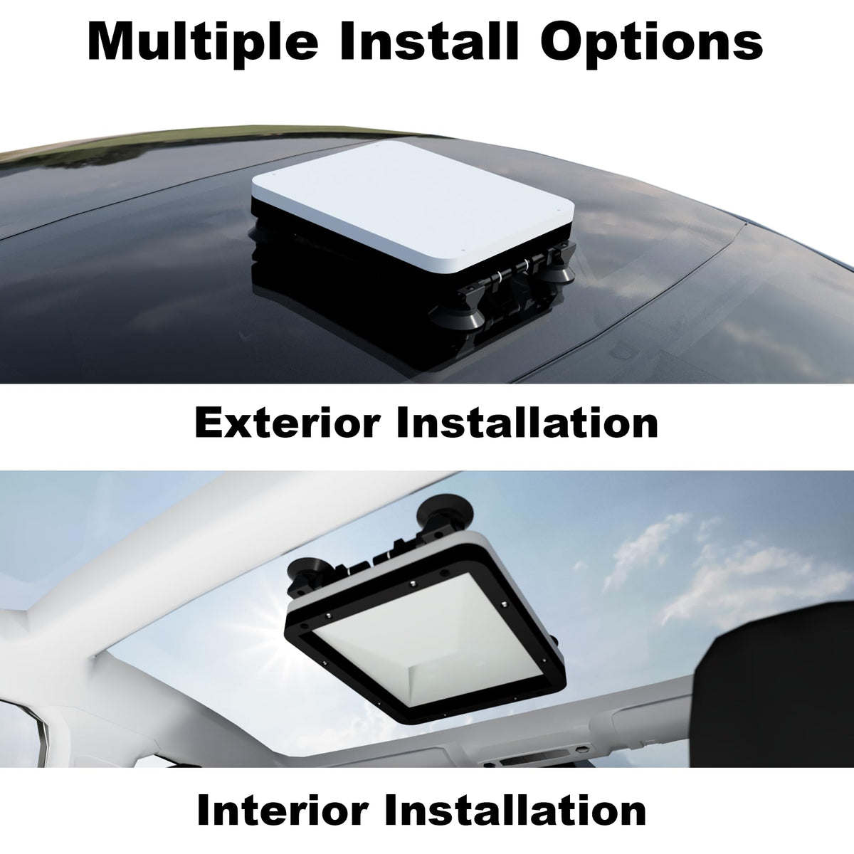 Multiple install options diagram showing exterior roof mount and interior sunroof mount configurations