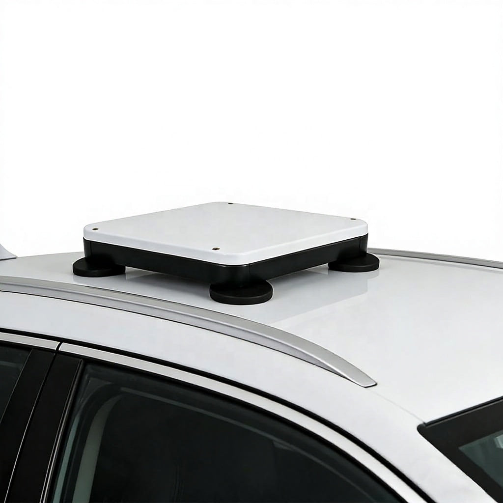 Outcamp 3-in-1 Starlink Mini mount installed on white car roof with four black suction cups gripping the panel
