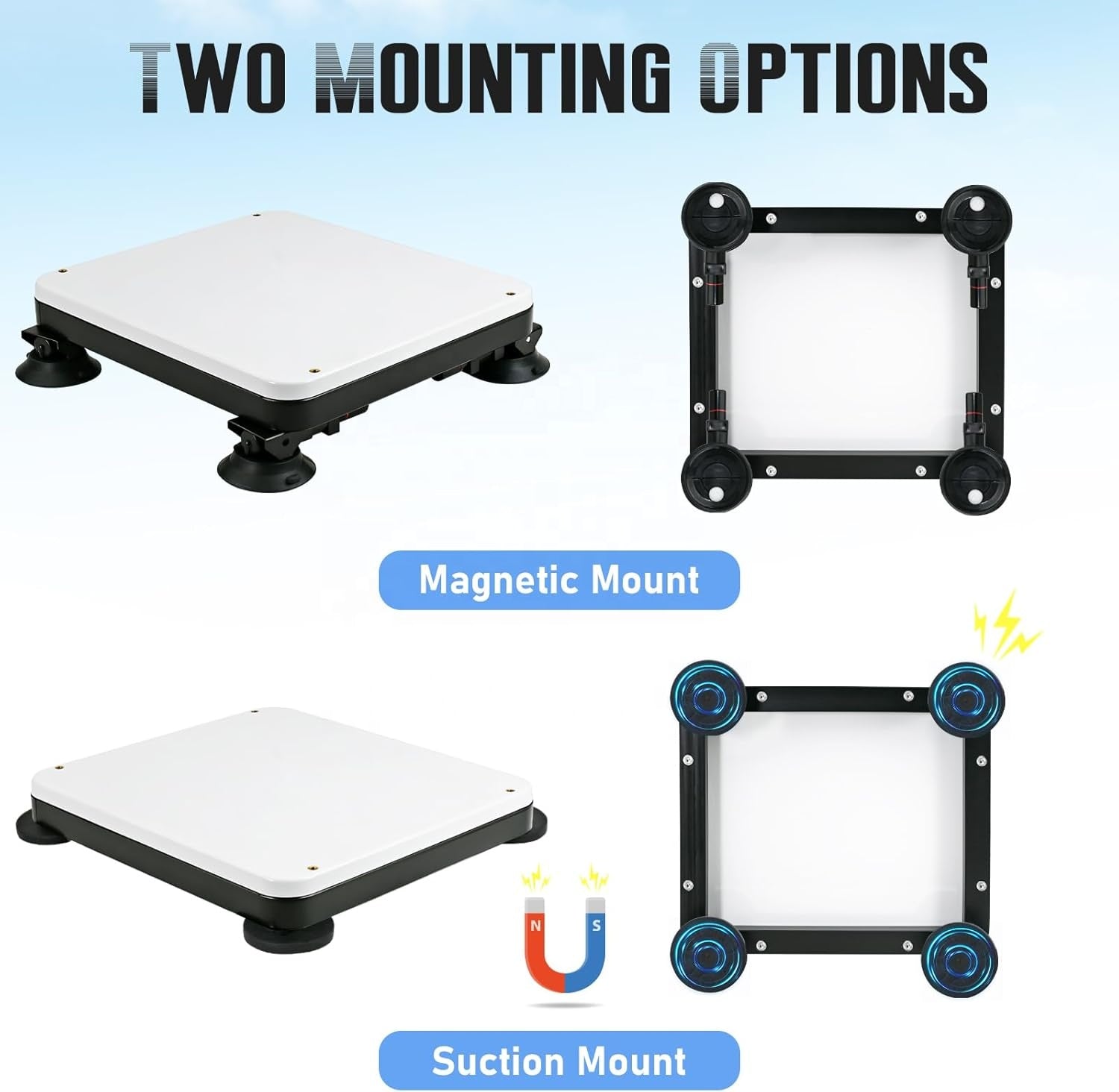 Outcamp 3-in-1 Starlink Mini mount installed on white car roof with four black suction cups gripping the panel
