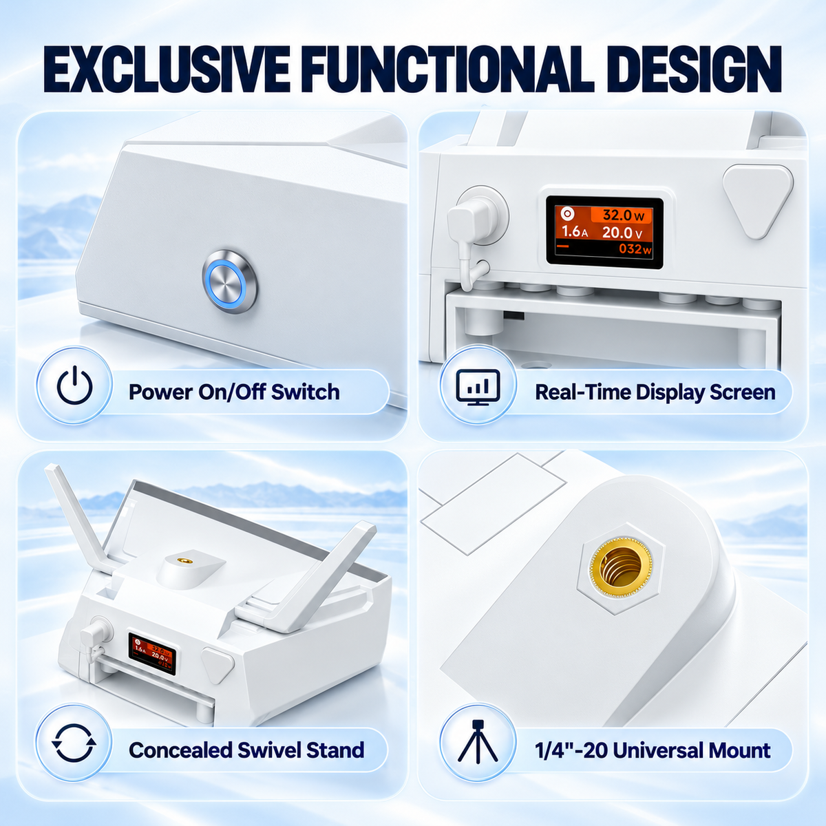 Power bank features - power switch, real-time display screen, concealed swivel stand and 1/4 inch 20 tripod mount