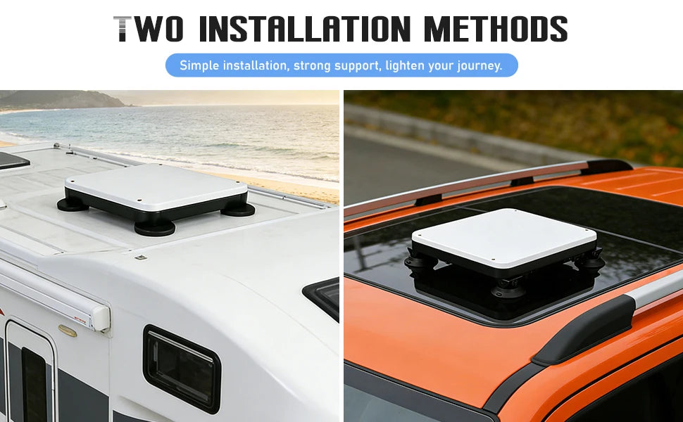 Two installation methods comparison showing the mount on a coastal RV roof and an orange SUV roof