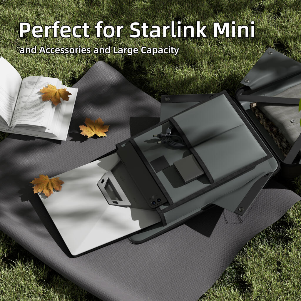 Open backpack showing Starlink Mini dish and accessories inside