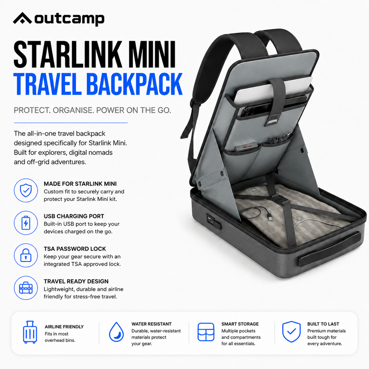 Outcamp Starlink Mini travel backpack with features listed on a white background