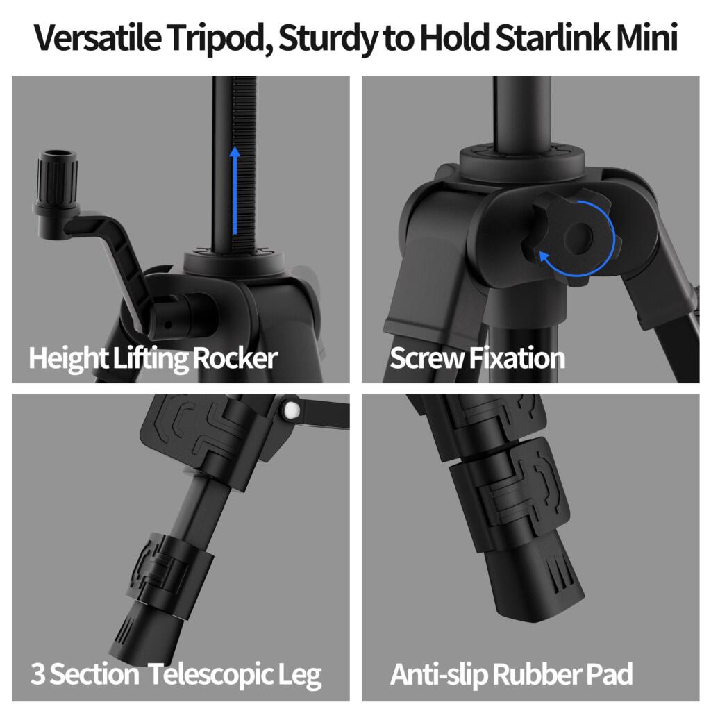 Starlink Mini tripod features — bubble level, aluminium legs, anti-slip rubber feet