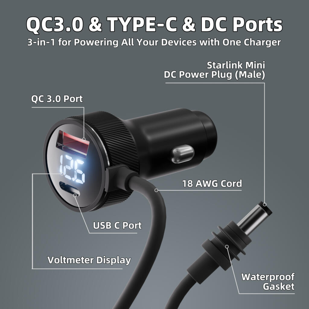 Dual USB vehicle charger with 3M DC cable for Starlink Mini