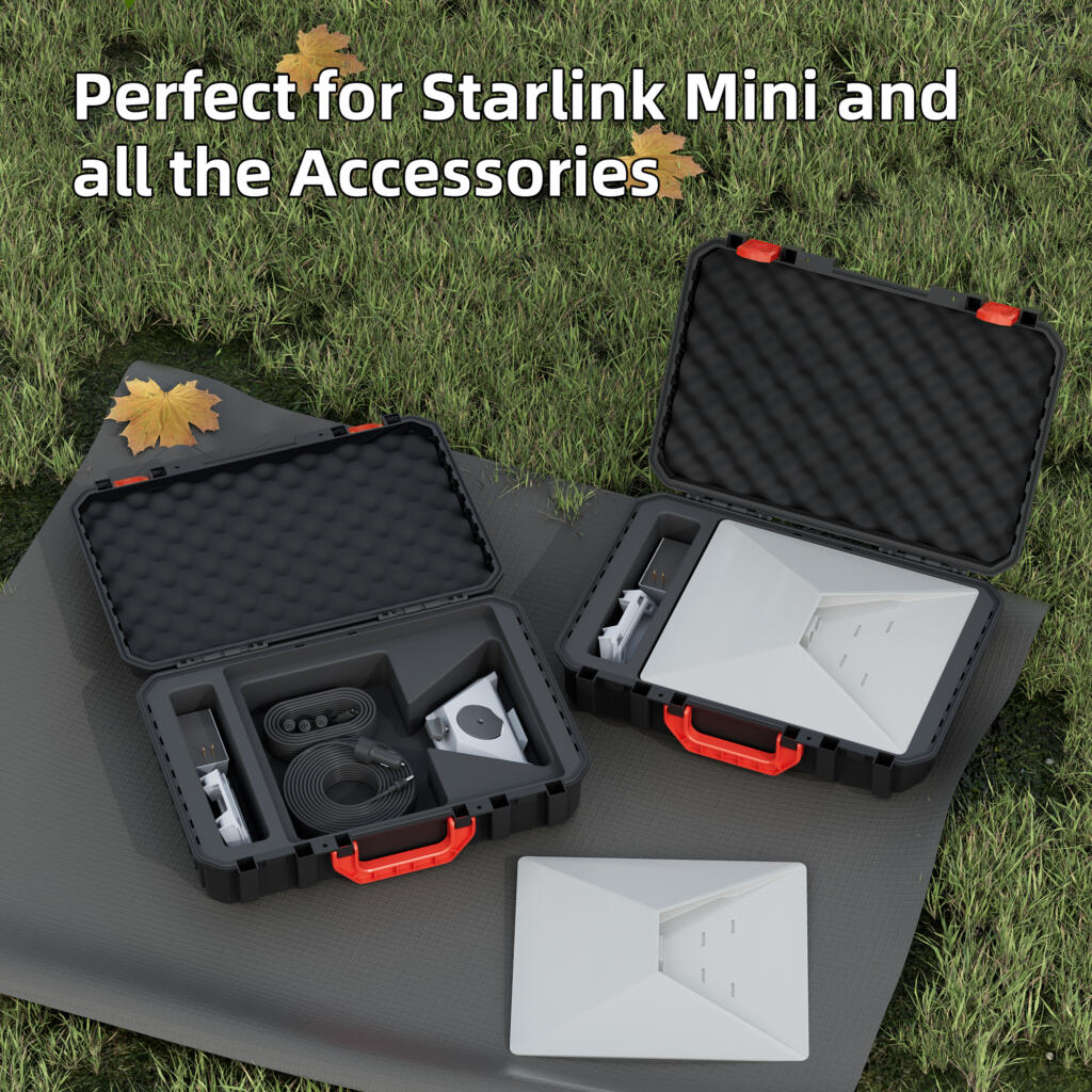 Precision-cut foam compartments holding Starlink Mini accessories