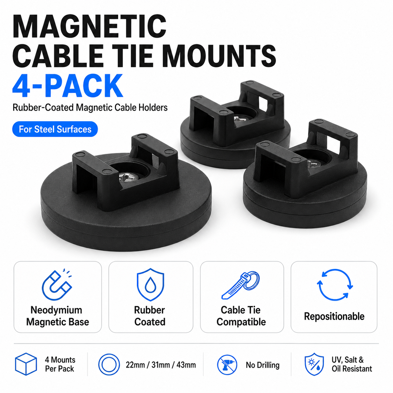 Four magnetic cable tie mounts on a white background with product details.