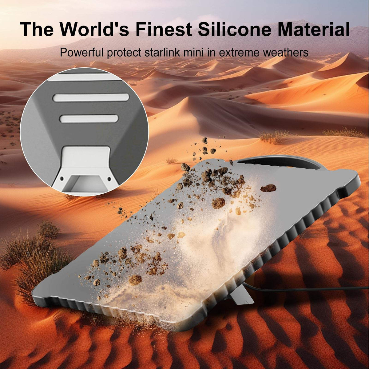 Silicone material protecting a Starlink mini device in a desert setting