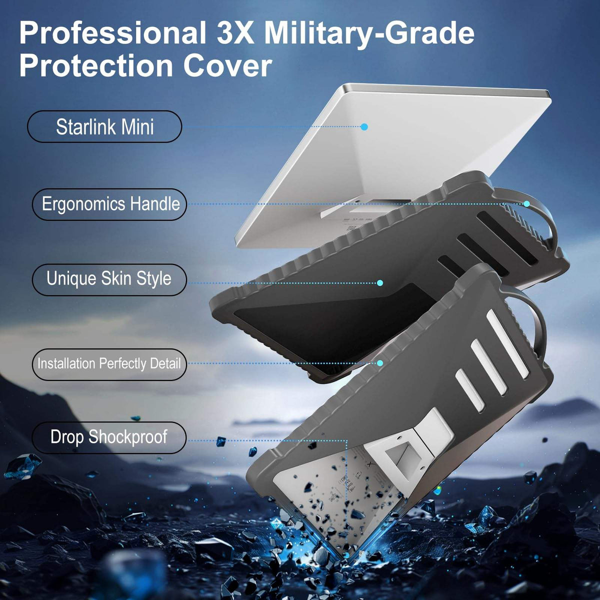 Military-grade protection cover for Starlink Mini with features highlighted against a mountainous background.