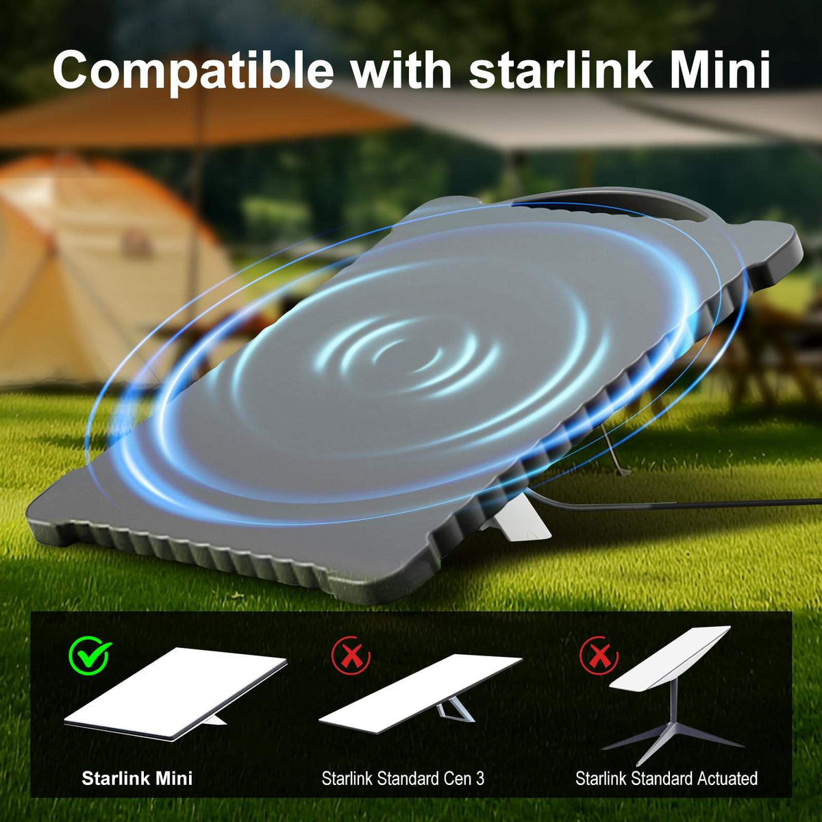 Product on grass with &#39;Compatible with starlink Mini&#39; text and camping setup in the background