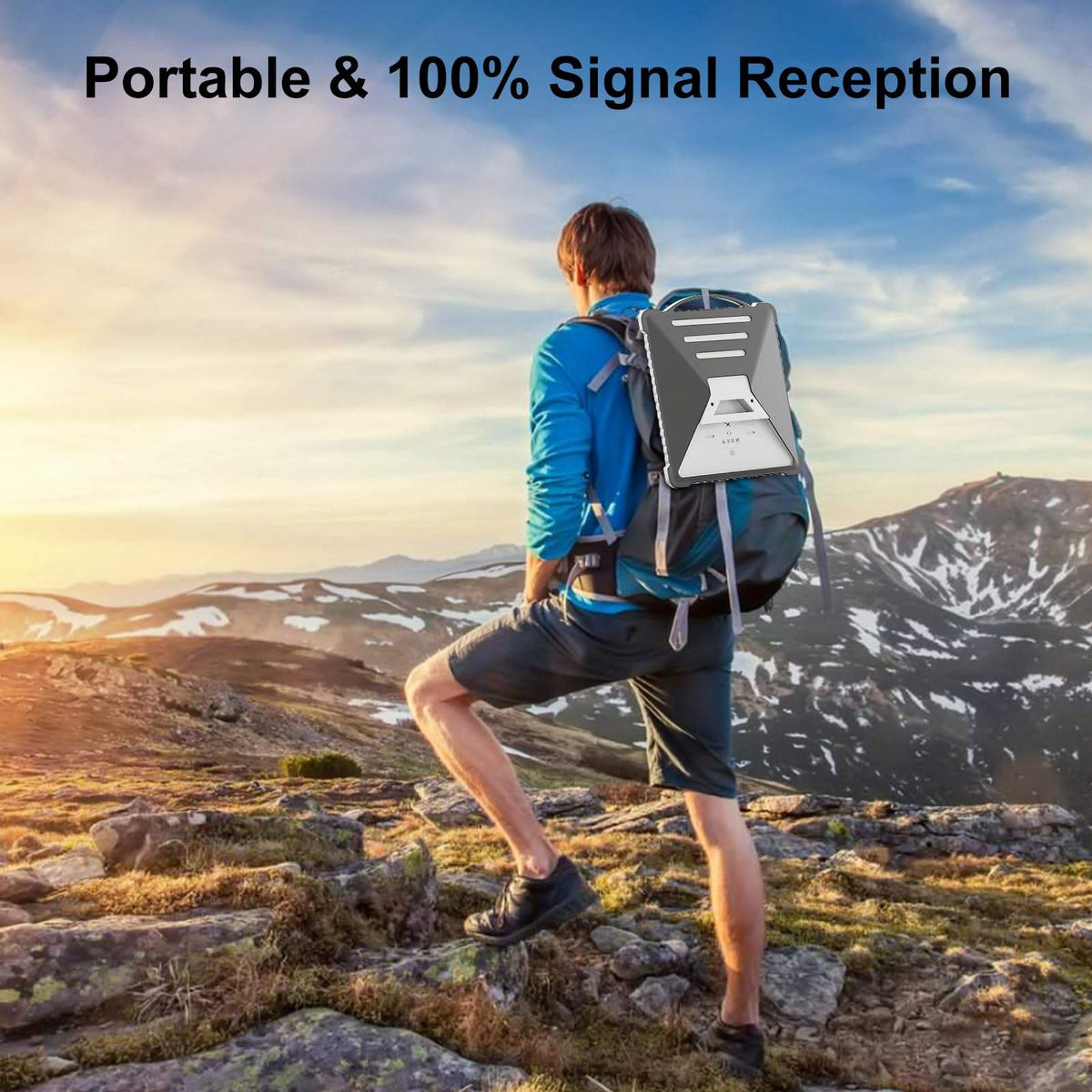 Person hiking with a backpack on a mountain landscape with text &#39;Portable &amp; 100% Signal Reception&#39;.