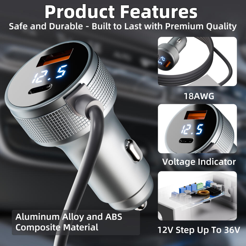 Car charger with voltage indicator and safety features highlighted