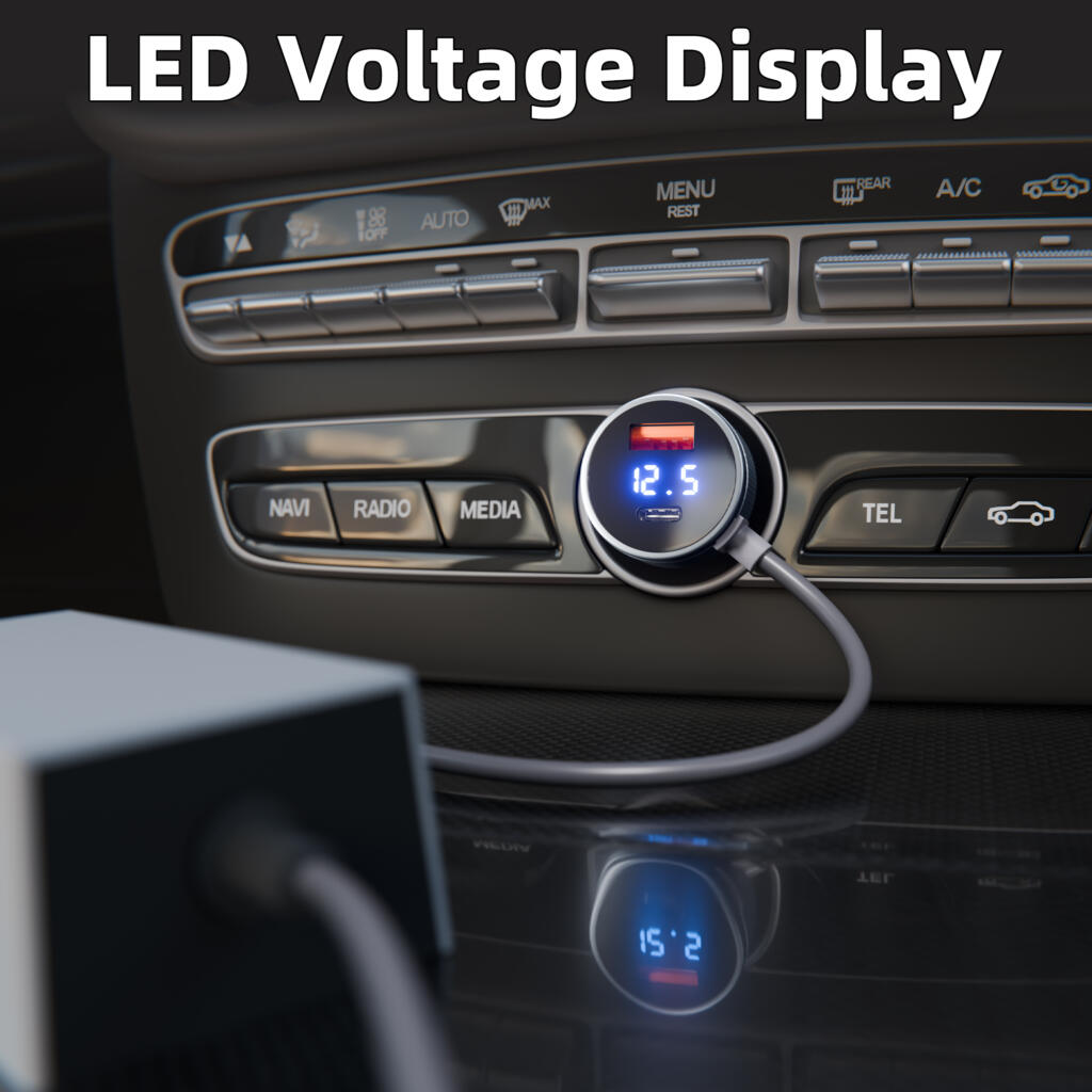 Car dashboard with a circular LED voltage display showing 12.5 volts.