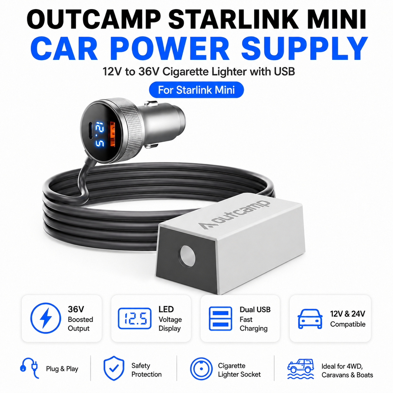 Outcamp Starlink Mini car power supply with cigarette lighter and USB cable on a white background